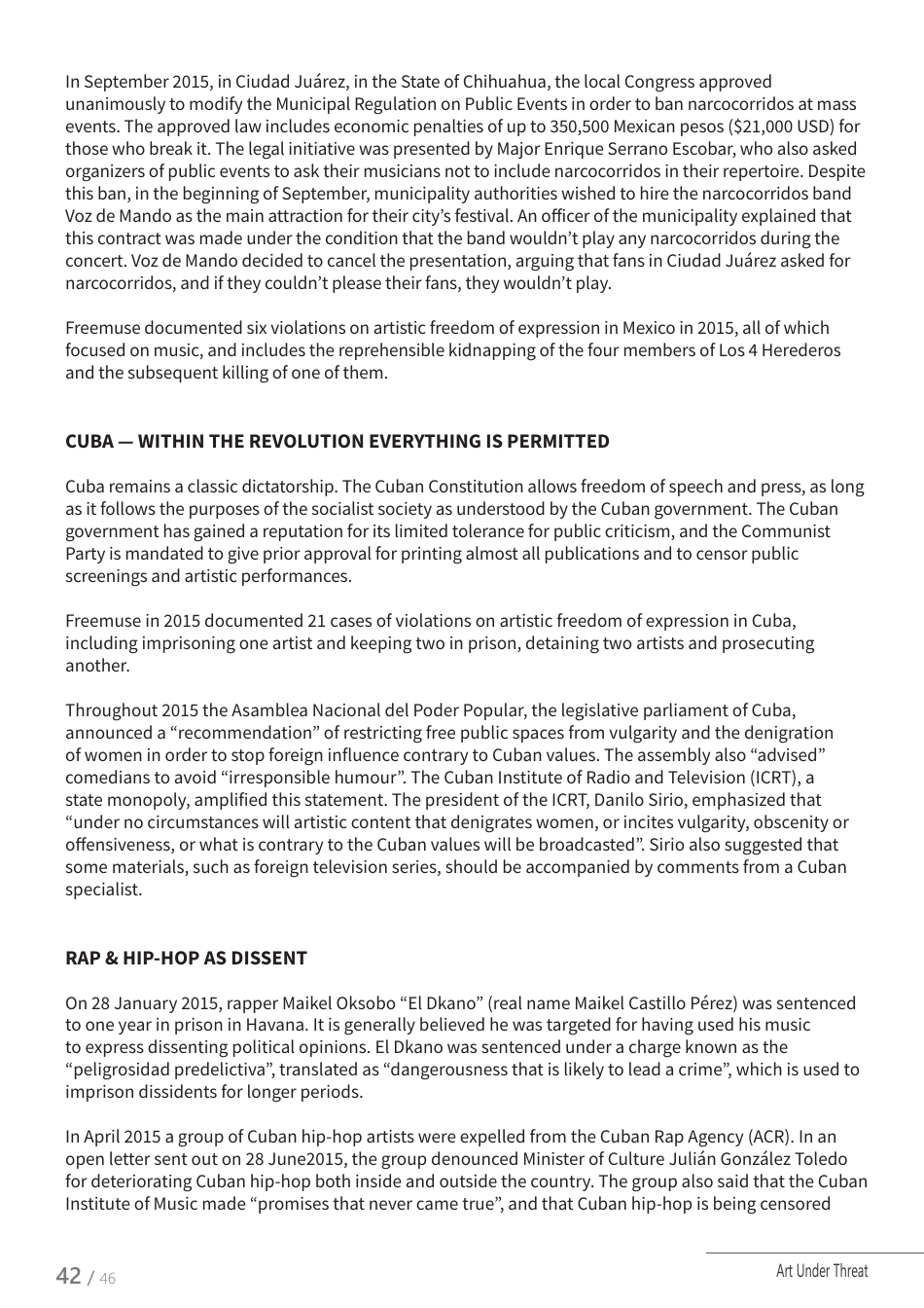 Art Under Threat - Freemuse Annual Statistics on Censorship and Attacks on Artistic Freedom in 2015, Page 42
