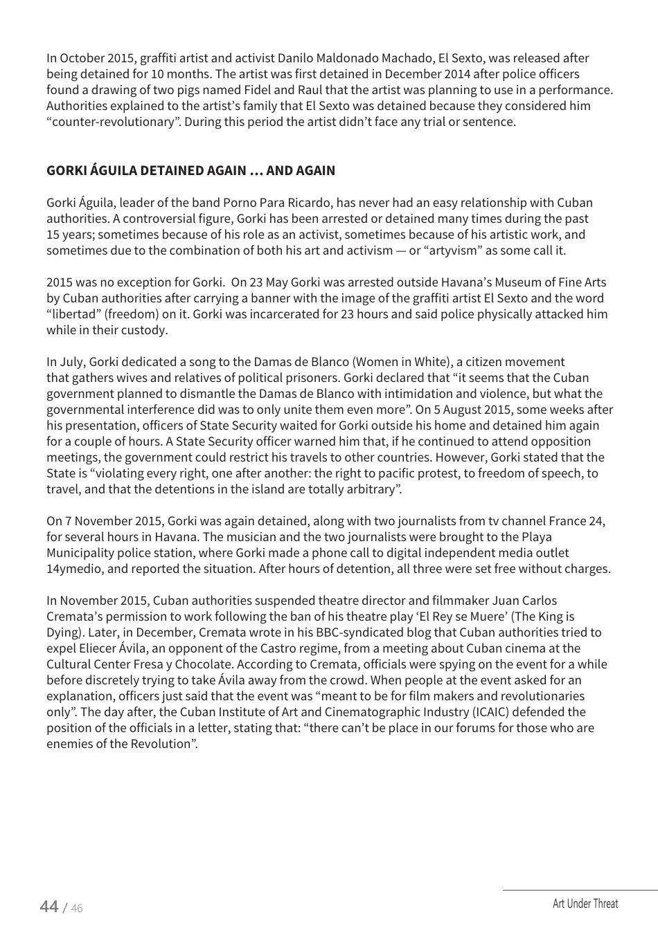 Art Under Threat - Freemuse Annual Statistics on Censorship and Attacks on Artistic Freedom in 2015, Page 44