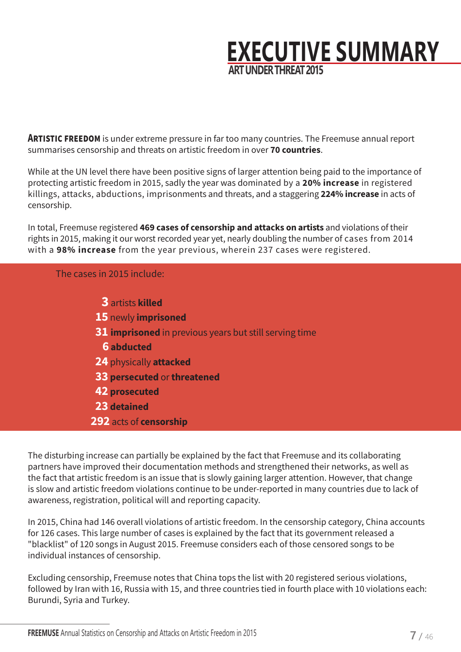Art Under Threat - Freemuse Annual Statistics on Censorship and Attacks on Artistic Freedom in 2015, Page 7