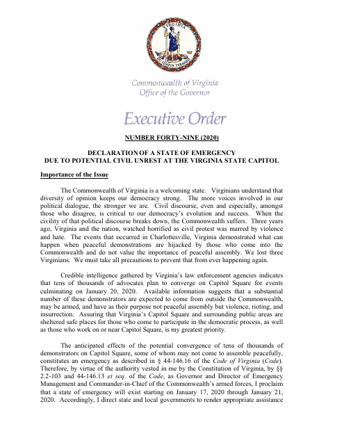Executive Order Number Forty-Nine - Declaration of a State of Emergency Due to Potential Civil Unrest at the Virginia State Capitol - Virginia, 2020