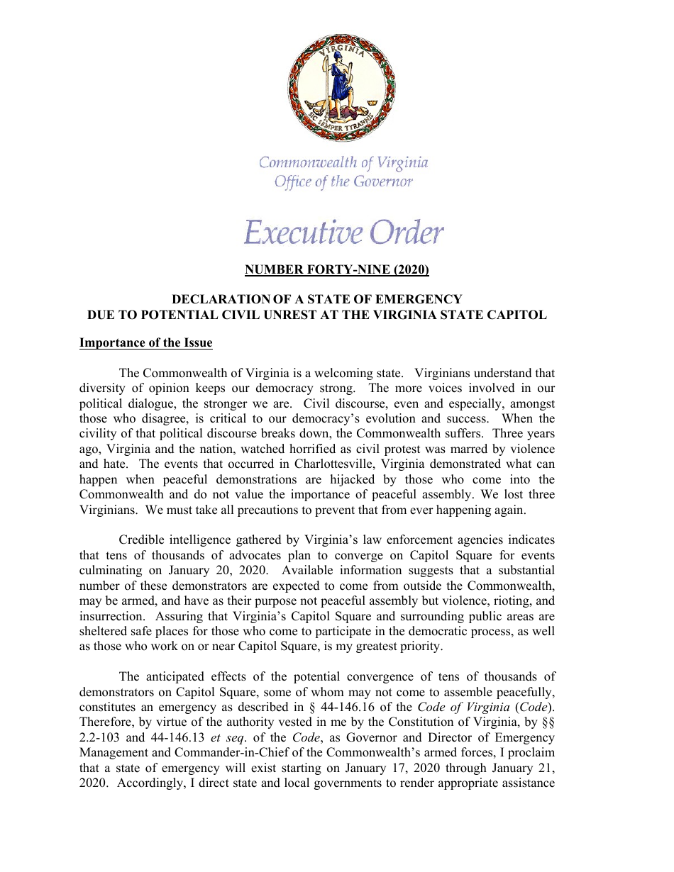 2020 Virginia Executive Order Number FortyNine Declaration of a