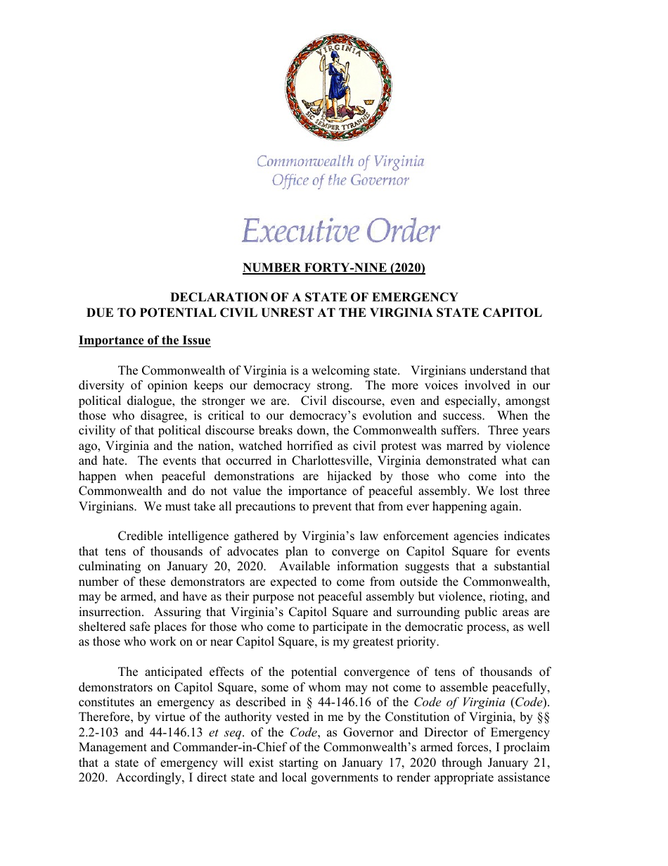 Executive Order Number Forty-Nine - Declaration of a State of Emergency Due to Potential Civil Unrest at the Virginia State Capitol - Virginia, Page 1