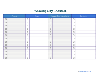 Document preview: Blank Wedding Day Checklist Template