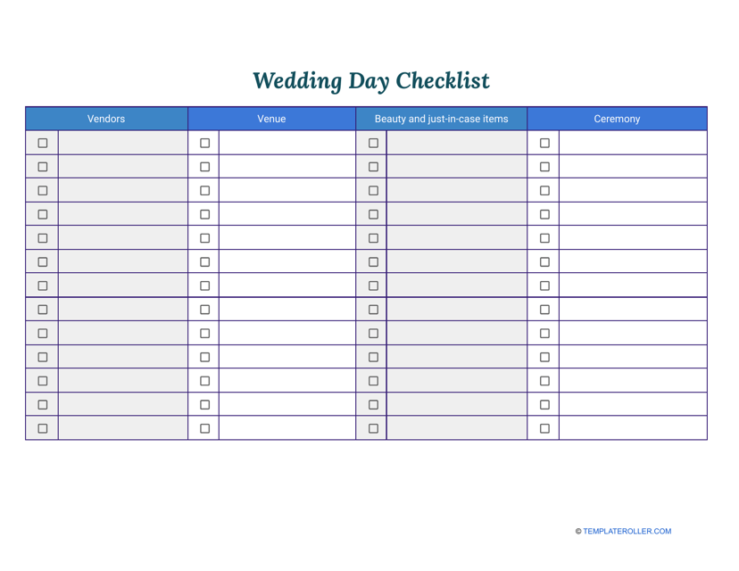 Blank Wedding Day Checklist Template
