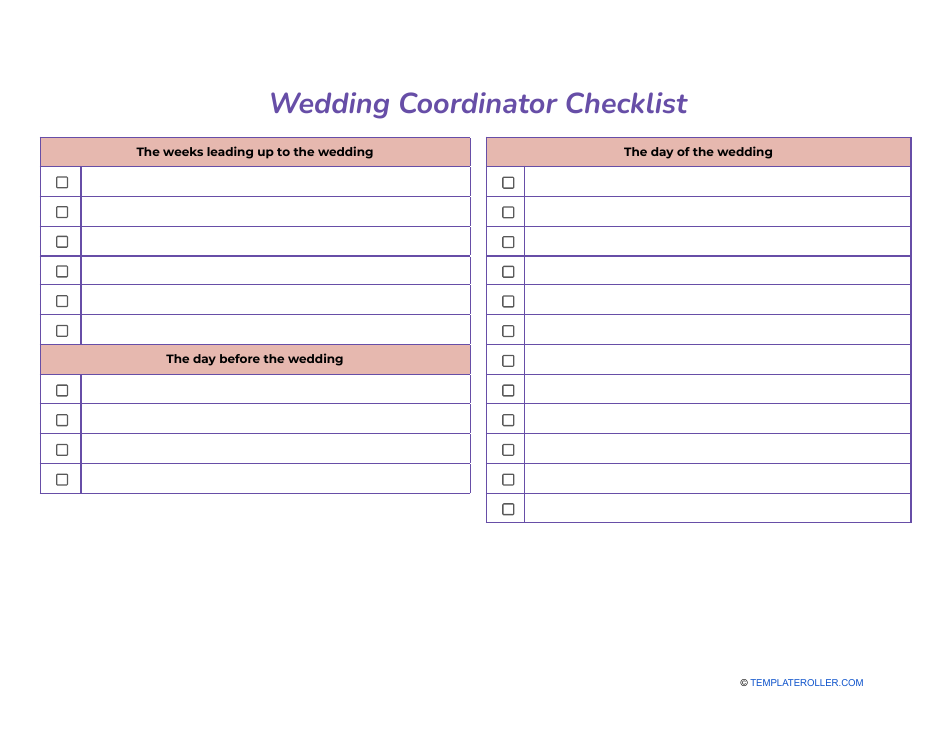 Preview of Blank Wedding Coordinator Checklist Template