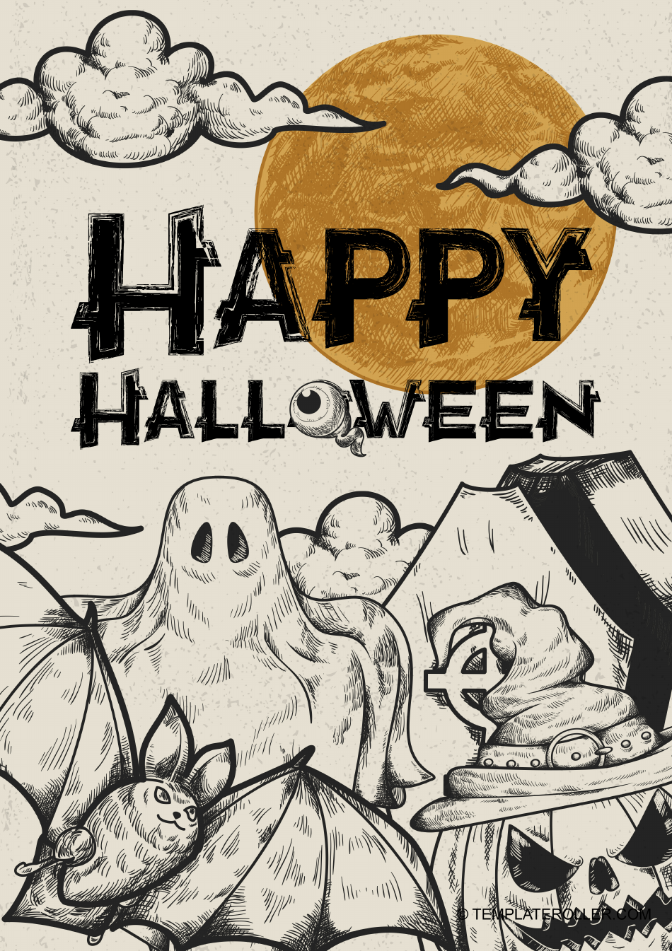 Halloween Poster Template with a smiling ghost on a dark background.