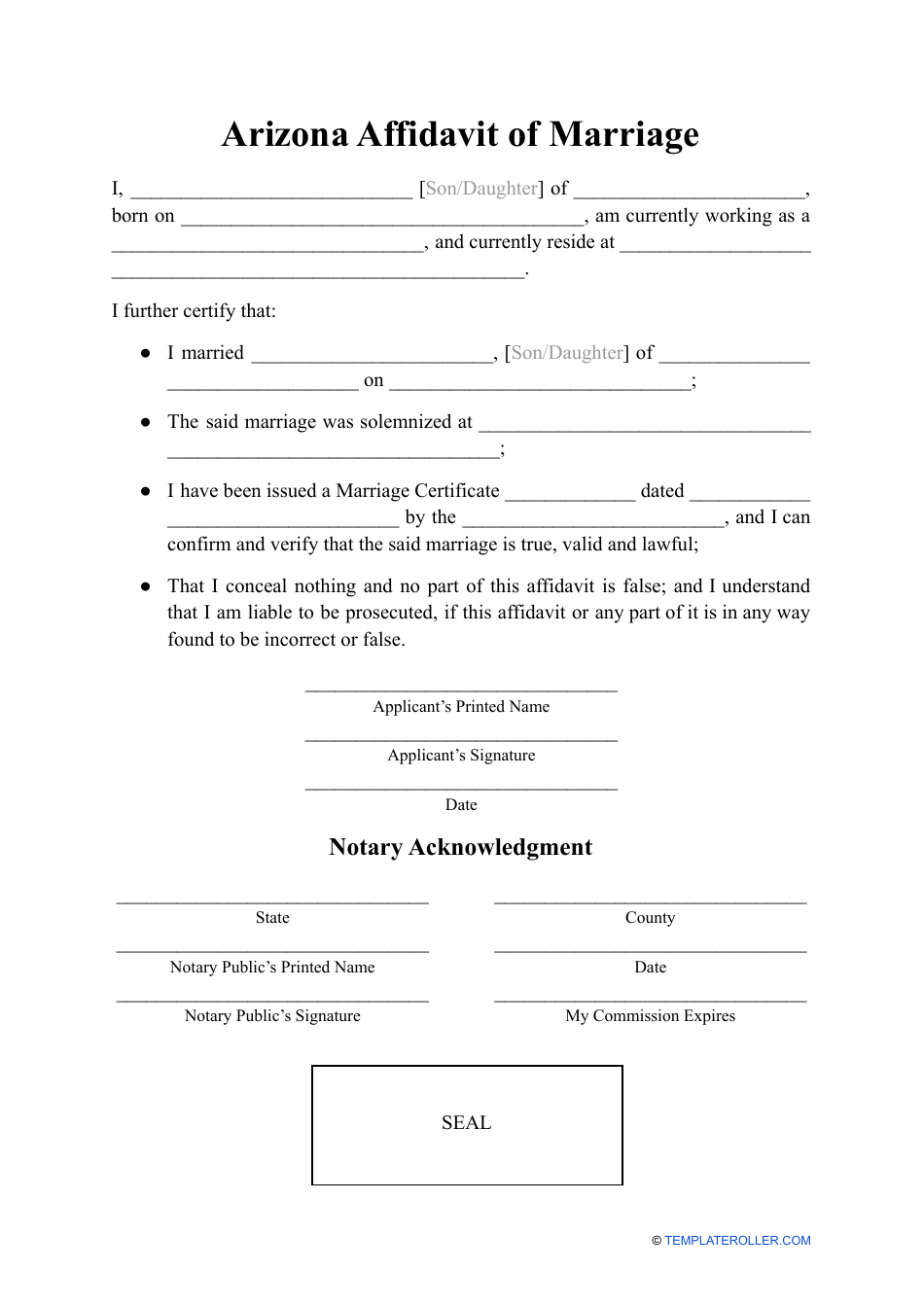 Affidavit of Marriage - Arizona, Page 1