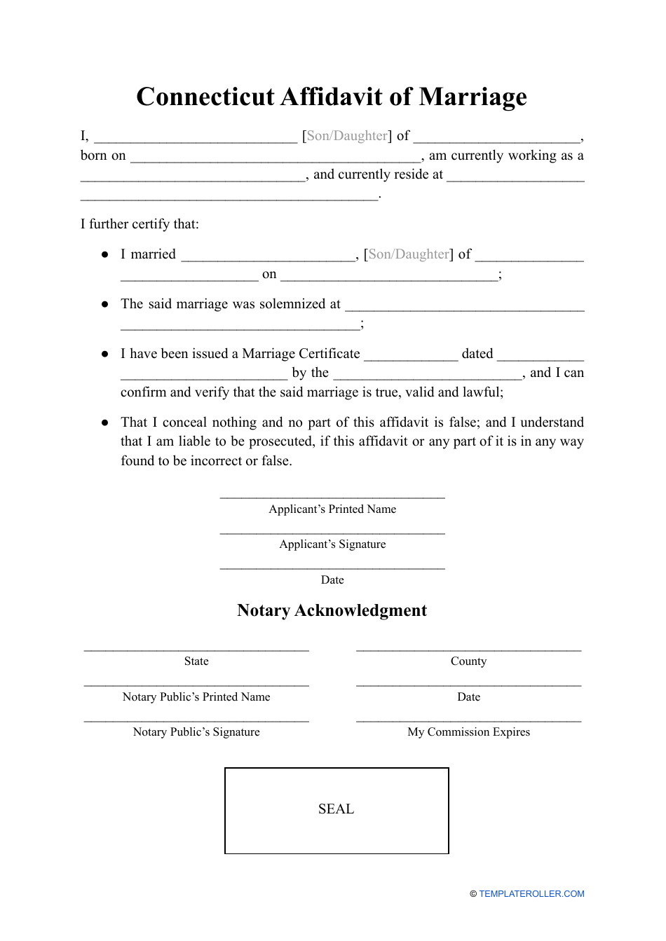 Affidavit of Marriage - Connecticut, Page 1