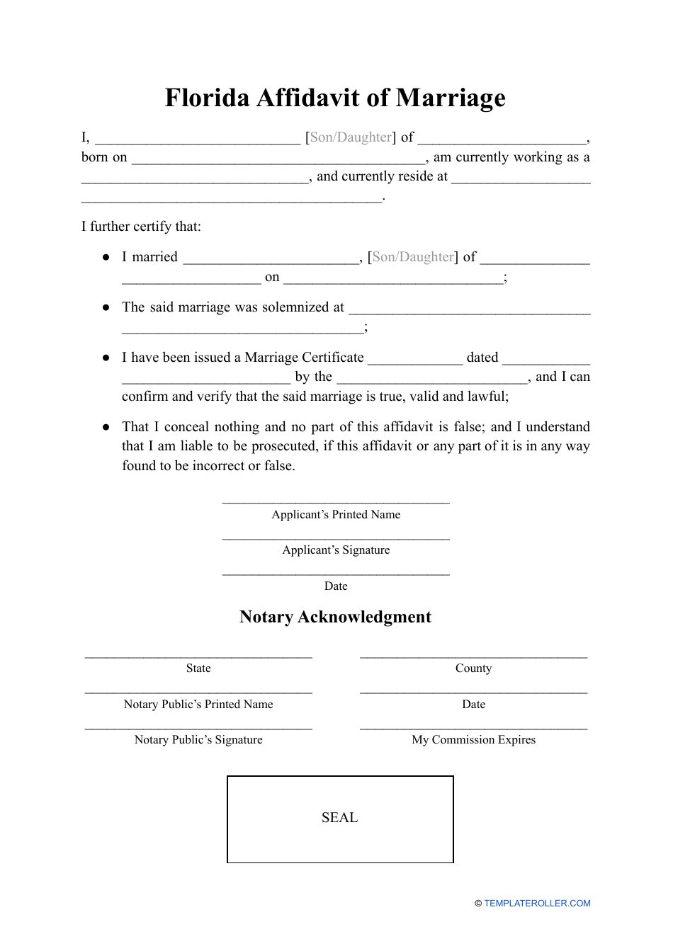 Affidavit of Marriage - Florida, Page 1