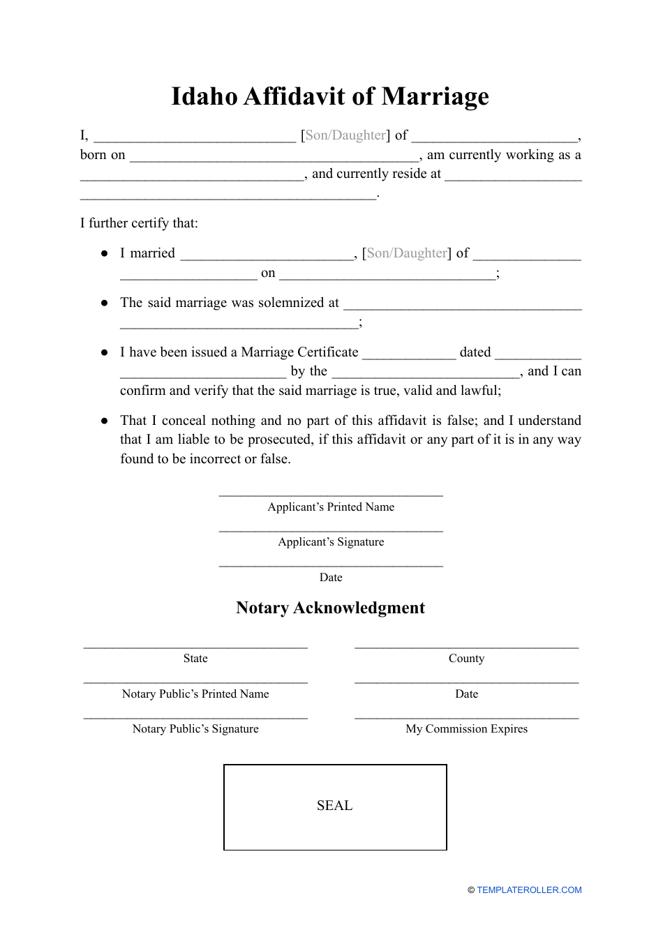 Affidavit of Marriage - Idaho, Page 1