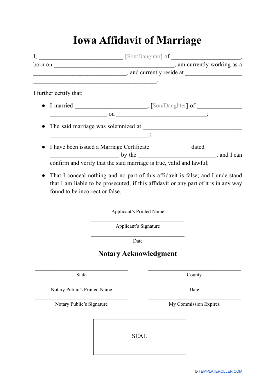 Affidavit of Marriage - Iowa, Page 1