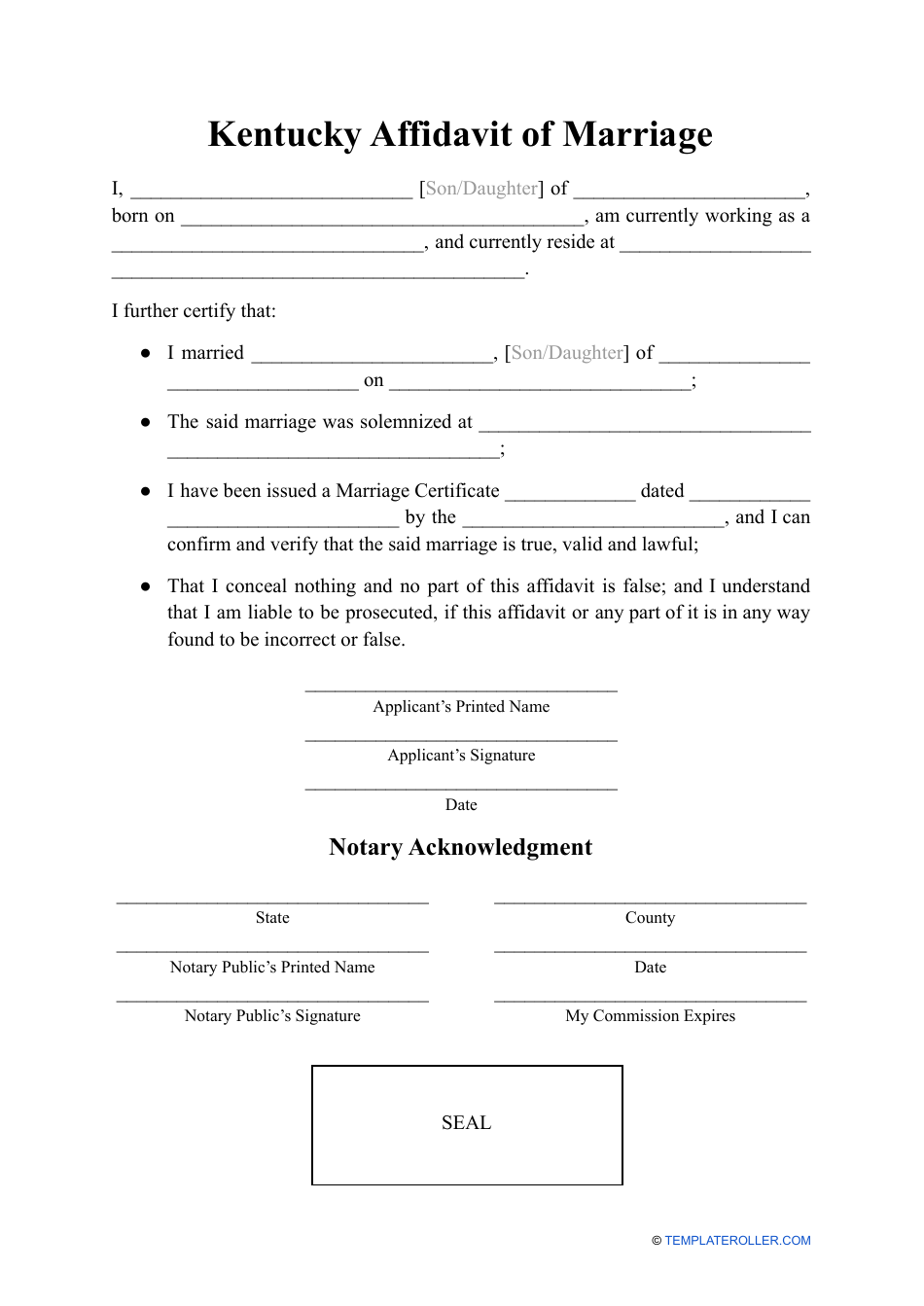 Affidavit of Marriage - Kentucky, Page 1