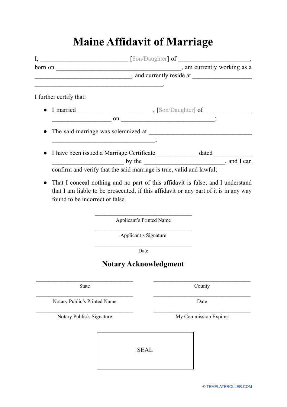 Affidavit of Marriage - Maine, Page 1
