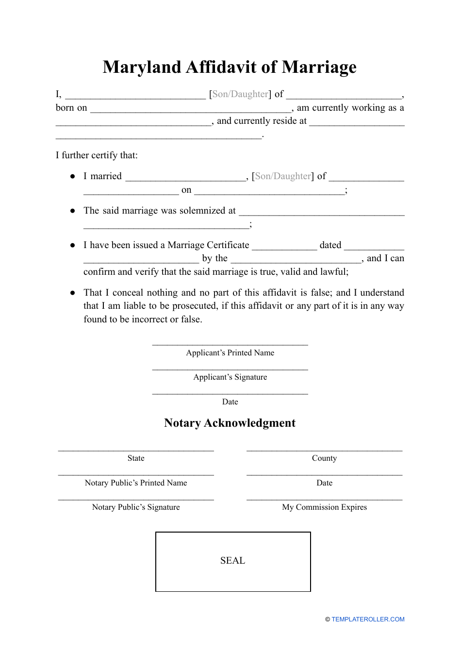 Affidavit of Marriage - Maryland, Page 1