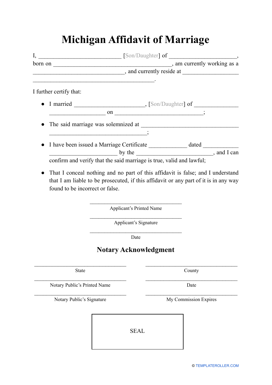 Affidavit of Marriage - Michigan, Page 1