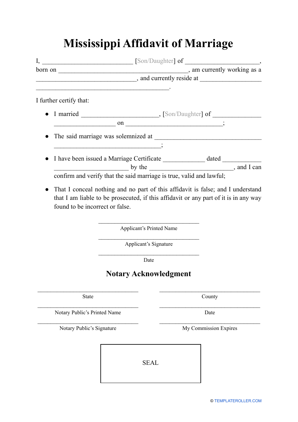 Affidavit of Marriage - Mississippi, Page 1
