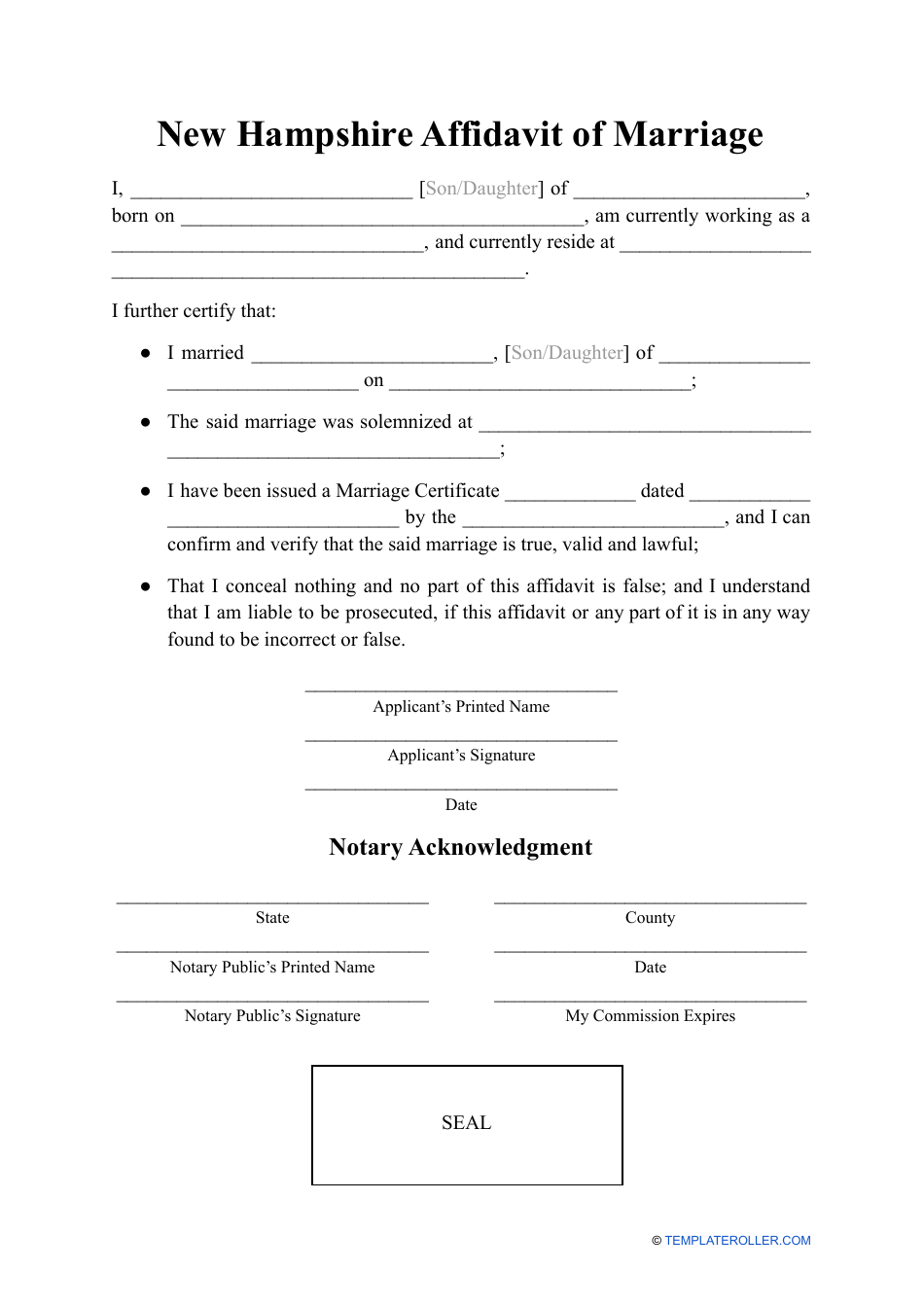 Affidavit of Marriage - New Hampshire, Page 1