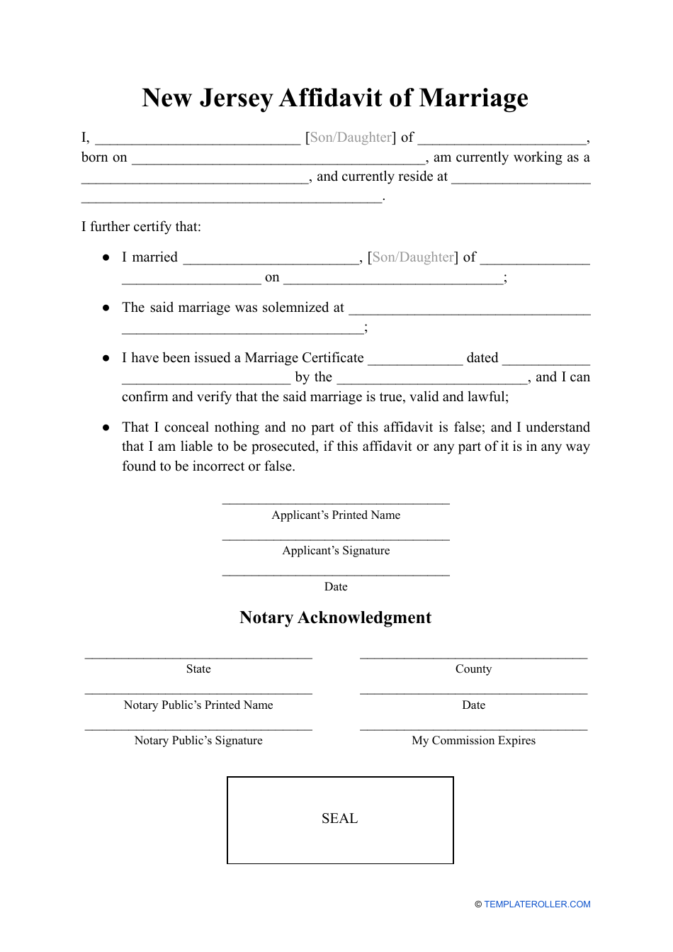 Affidavit of Marriage - New Jersey, Page 1
