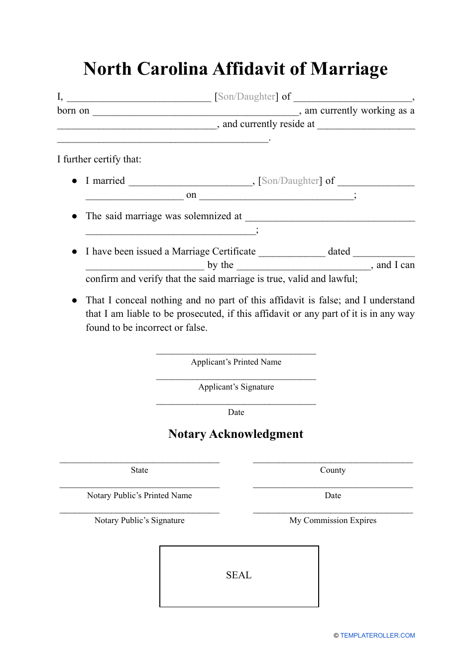 Affidavit of Marriage - North Carolina, Page 1