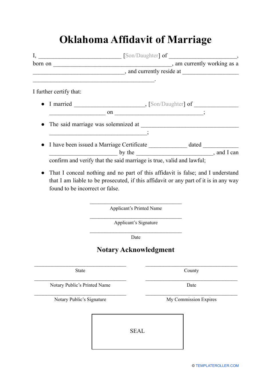 Affidavit of Marriage - Oklahoma, Page 1