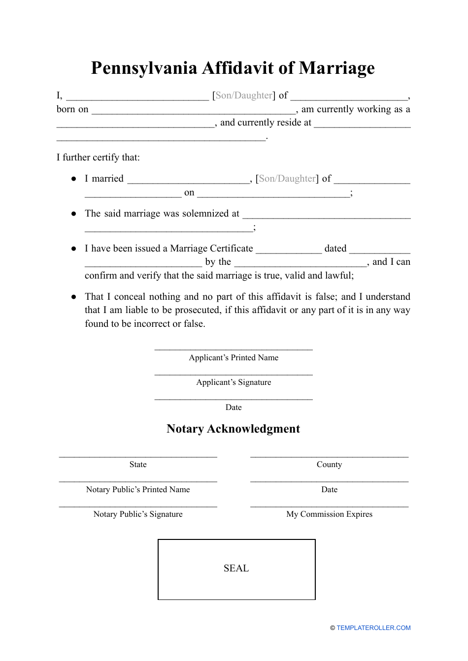 Affidavit of Marriage - Pennsylvania, Page 1