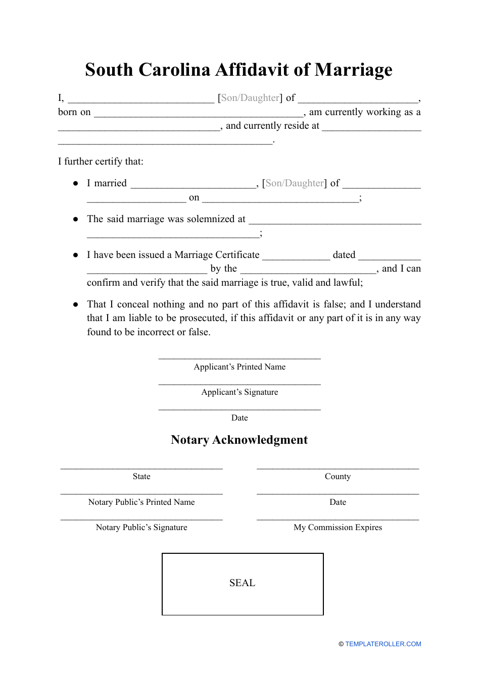Affidavit of Marriage - South Carolina, Page 1