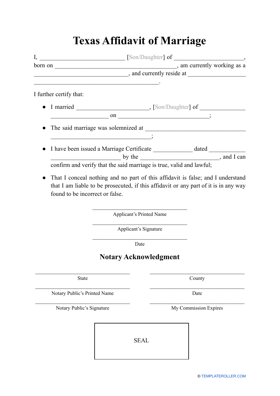 Affidavit of Marriage - Texas, Page 1