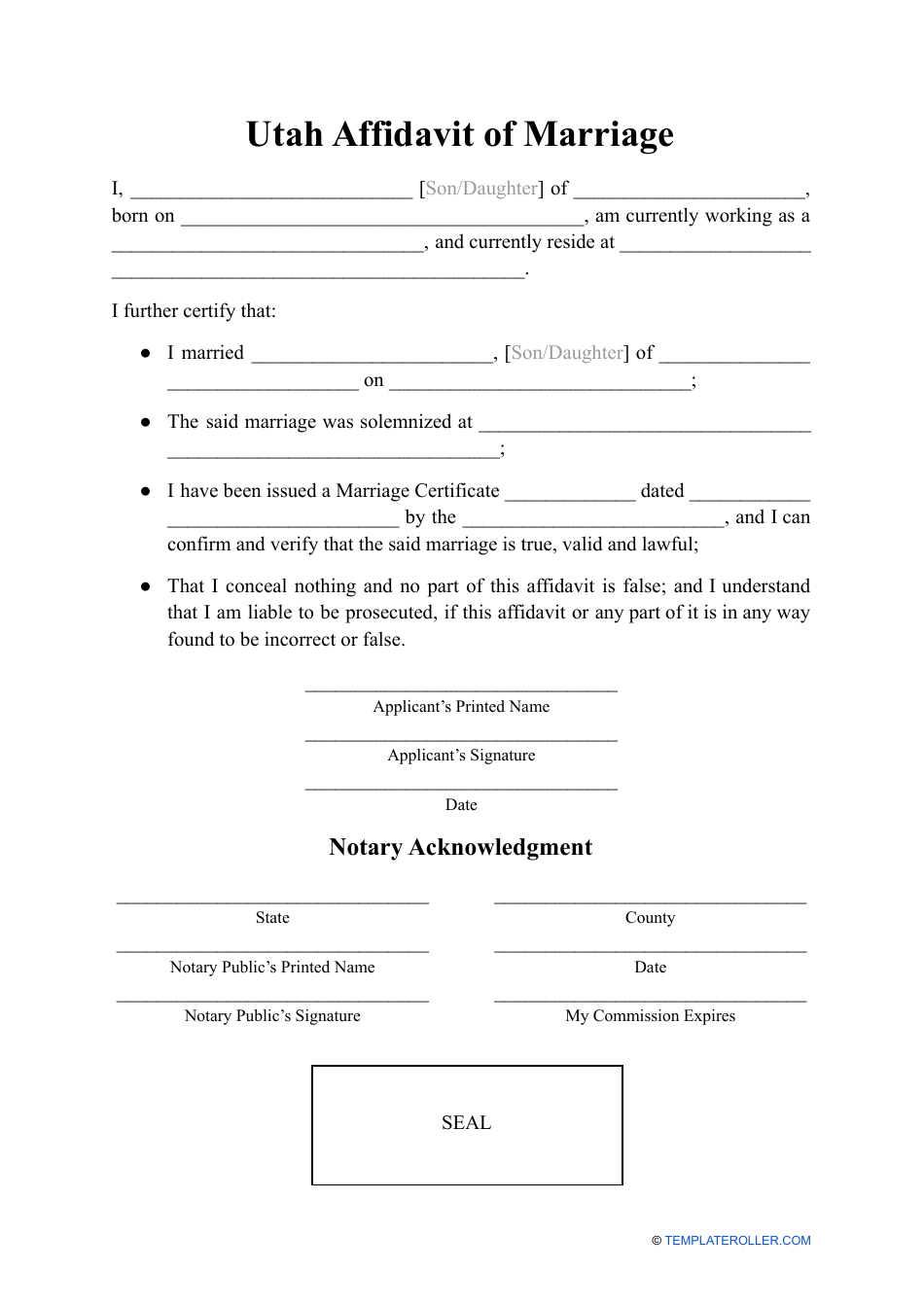 Utah Affidavit Of Marriage Fill Out Sign Online And Download PDF   Affidavit Of Marriage Utah Print Big 