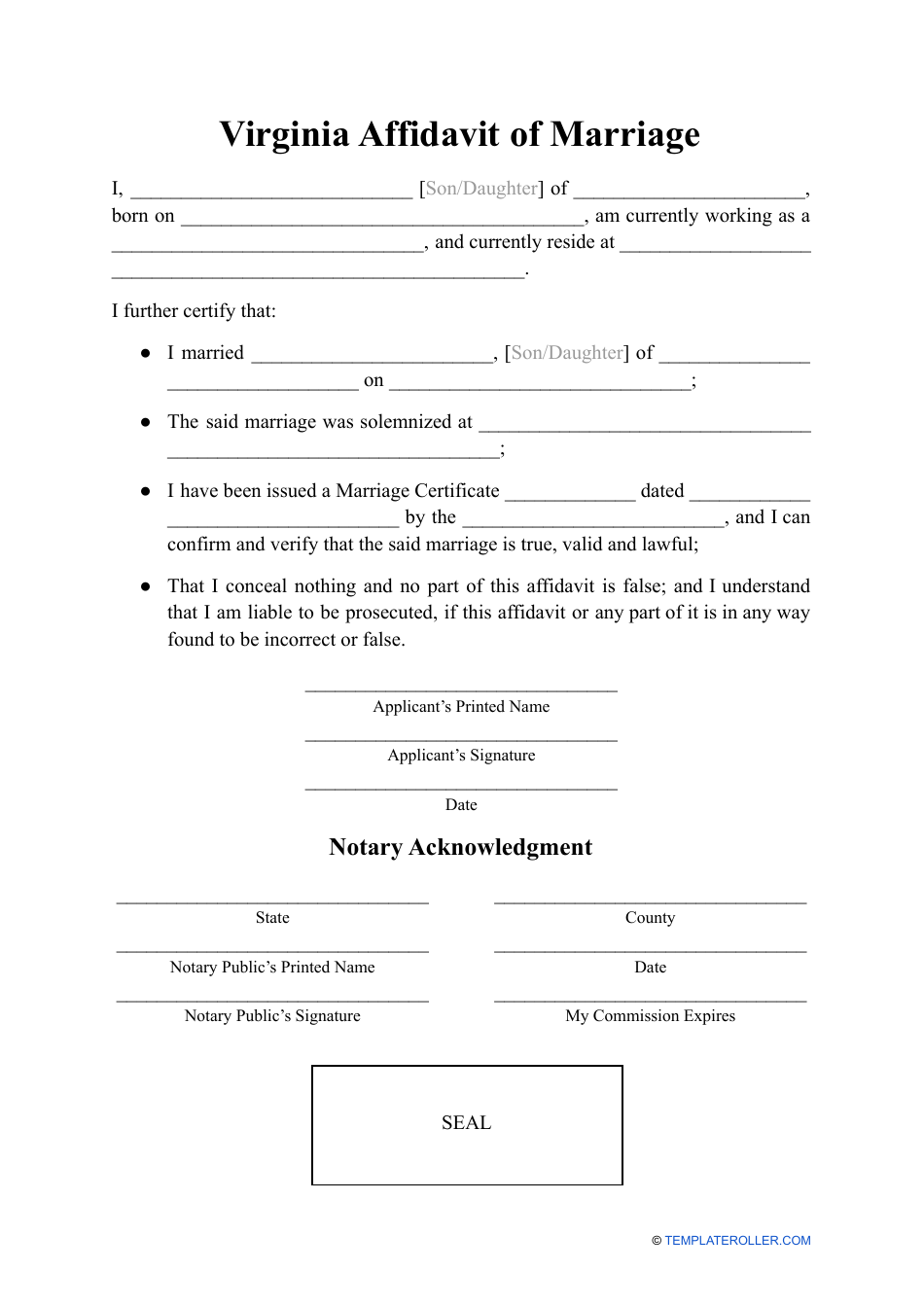 Affidavit of Marriage - Virginia, Page 1