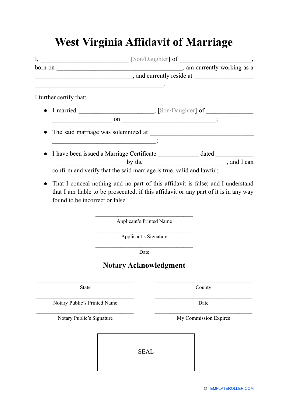 Affidavit of Marriage - West Virginia, Page 1
