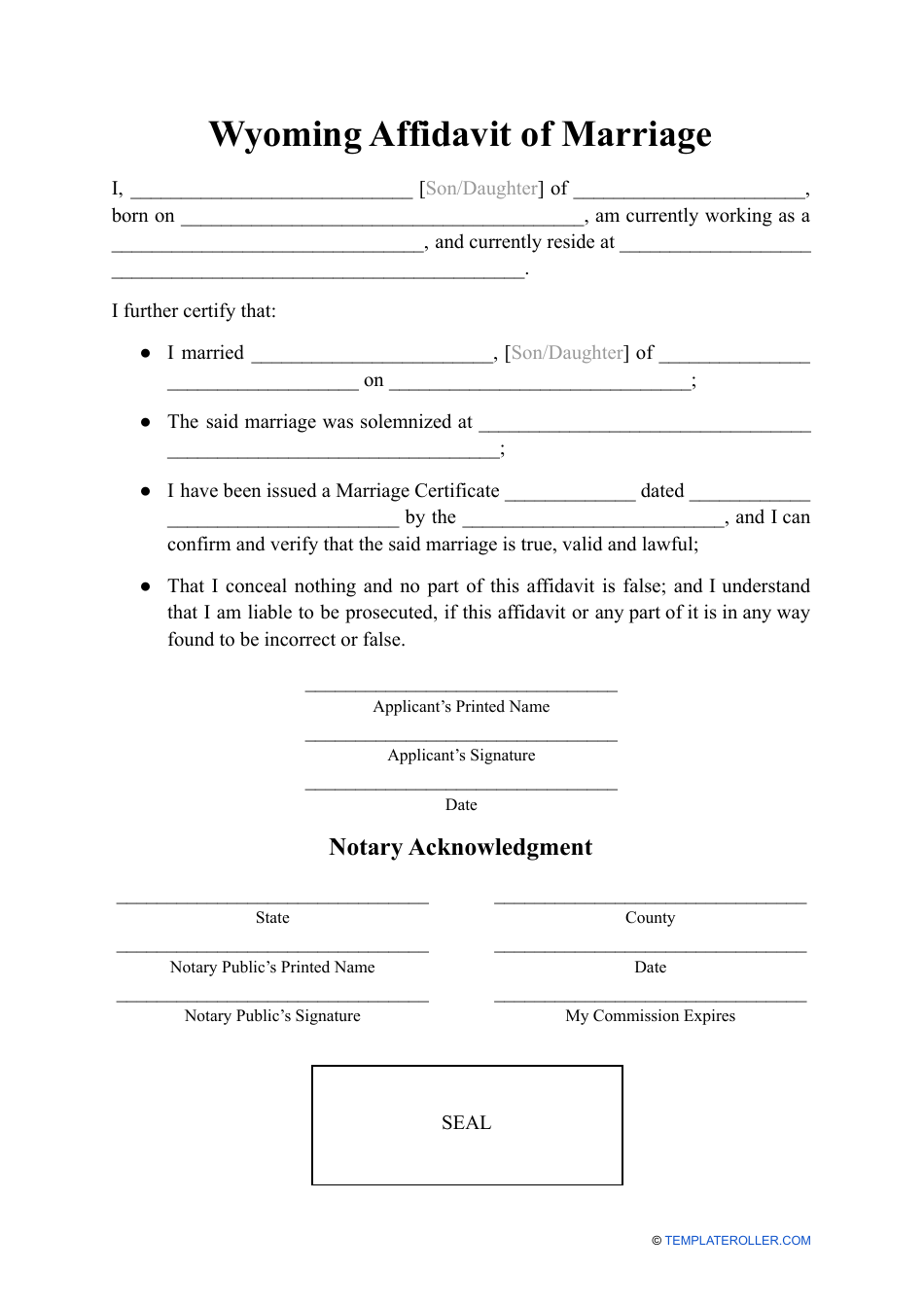 Affidavit of Marriage - Wyoming, Page 1