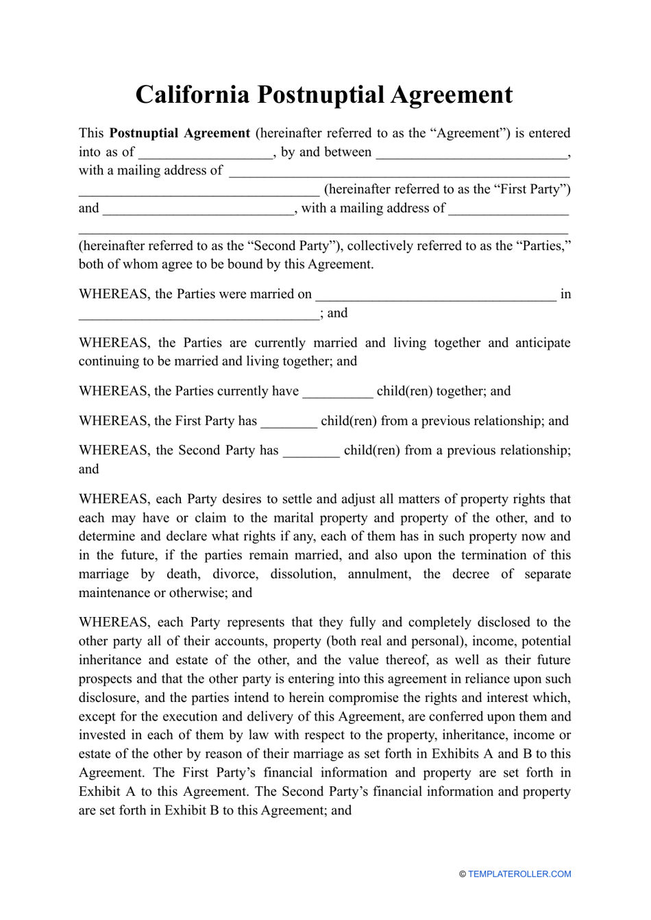Postnuptial Agreement Template - California, Page 1