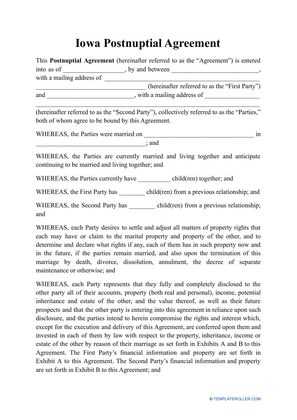Postnuptial Agreement Template - Iowa, Page 1