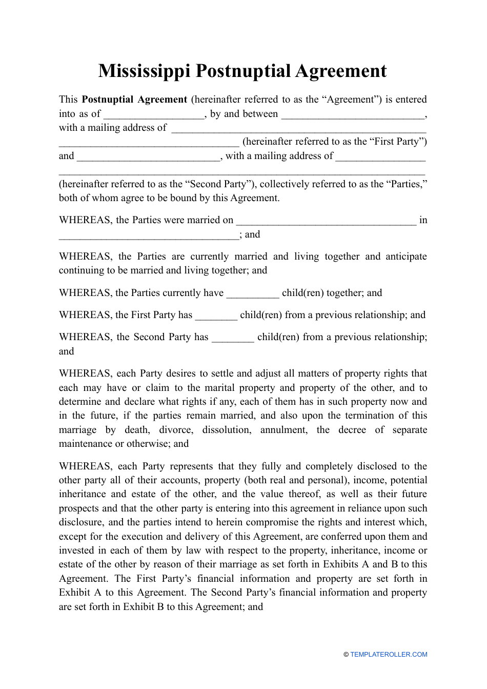 Mississippi Postnuptial Agreement Template Fill Out, Sign Online and