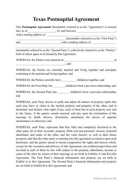 Postnuptial Agreement Template - Texas Download Pdf