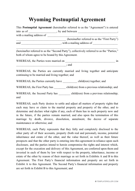 Postnuptial Agreement Template - Wyoming Download Pdf