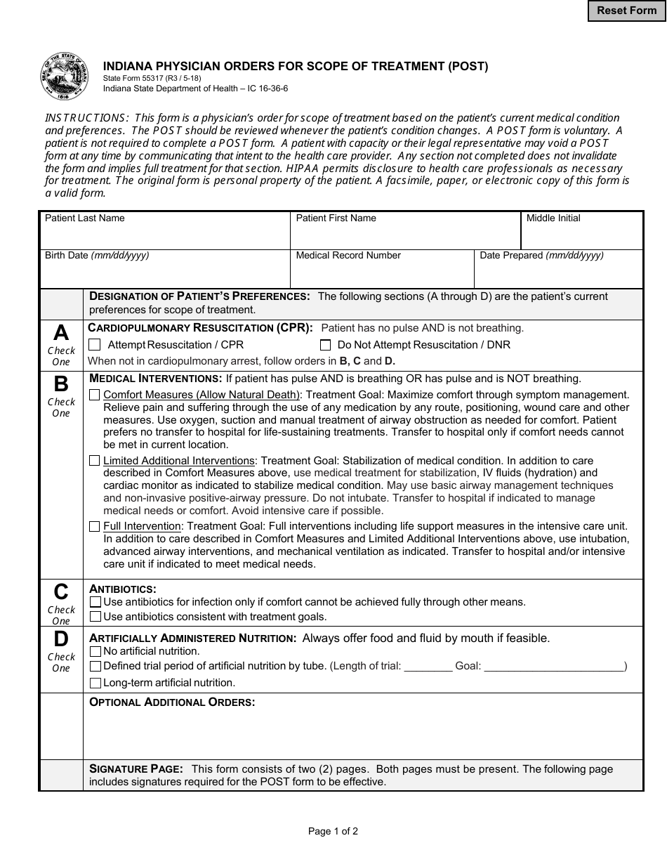 State Form 55317 Indiana Physician Orders for Scope of Treatment (Post) - Indiana, Page 1