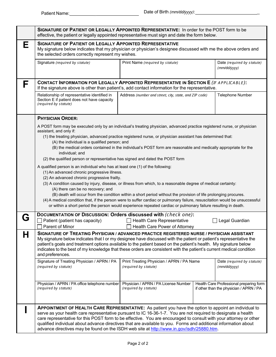 State Form 55317 Indiana Physician Orders for Scope of Treatment (Post) - Indiana, Page 2