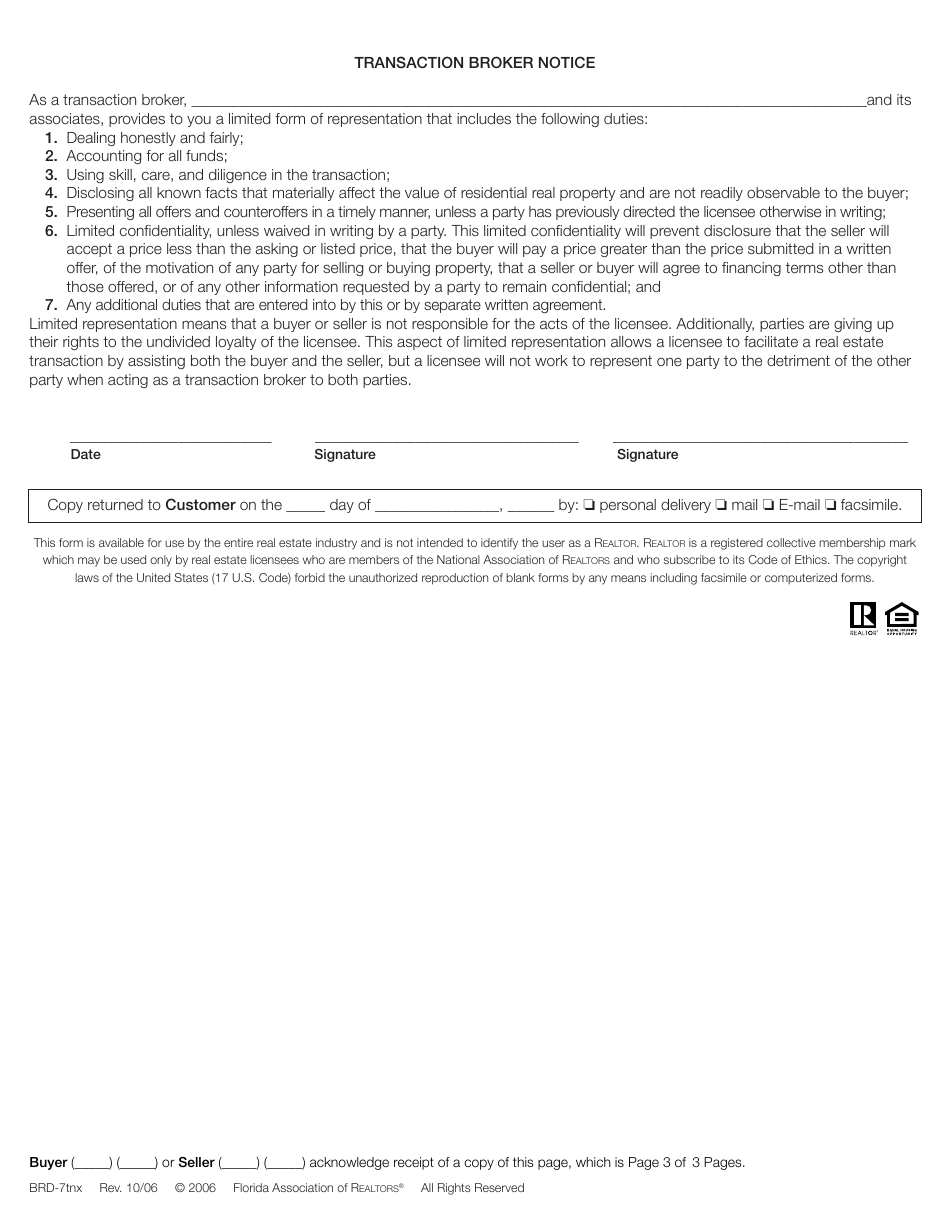 Brokerage Relationship Disclosure Form - Florida Association of Realtors - Florida, Page 3