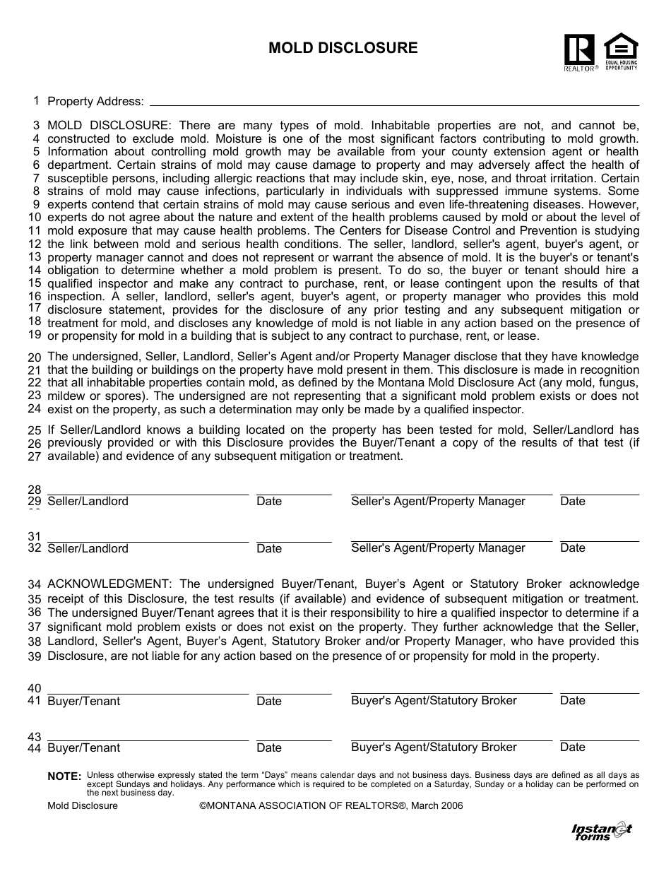Mold Disclosure Form Montana Association of Realtors Fill Out, Sign