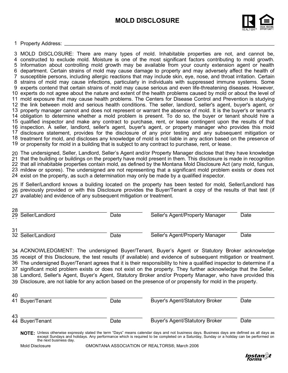 Mold Disclosure Form - Montana Association of Realtors, Page 1