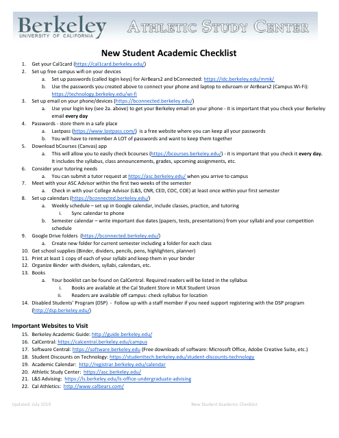 New Student Academic Checklist for University of California Berkeley (UCB) in California