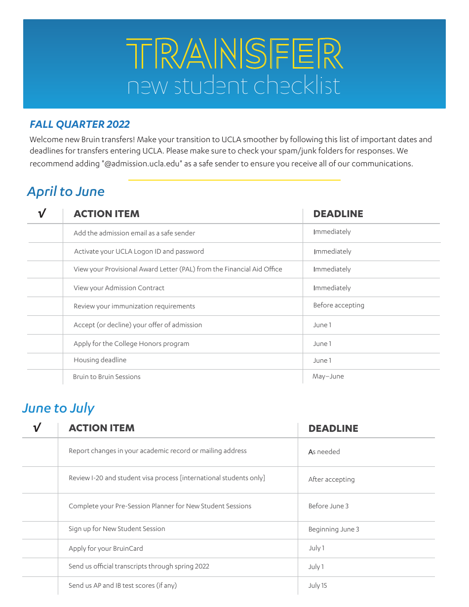 New Student Checklist - University of California, Los Angeles (UCLA) - California