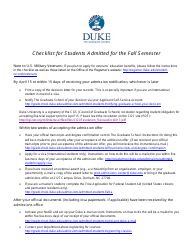 Document preview: Checklist for Students Admitted for the Fall Semester - Duke University - North Carolina