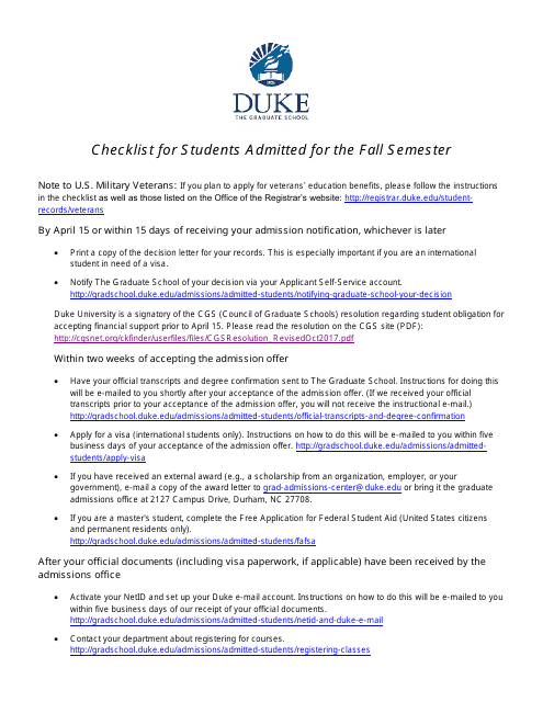 Checklist for Students Admitted for the Fall Semester - Duke University - North Carolina
