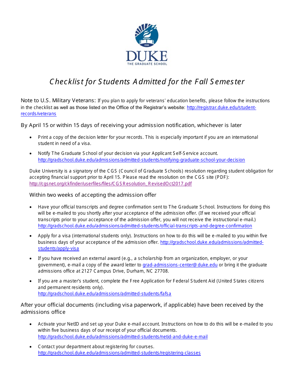 Checklist for Students Admitted to Duke University for the Fall Semester - North Carolina