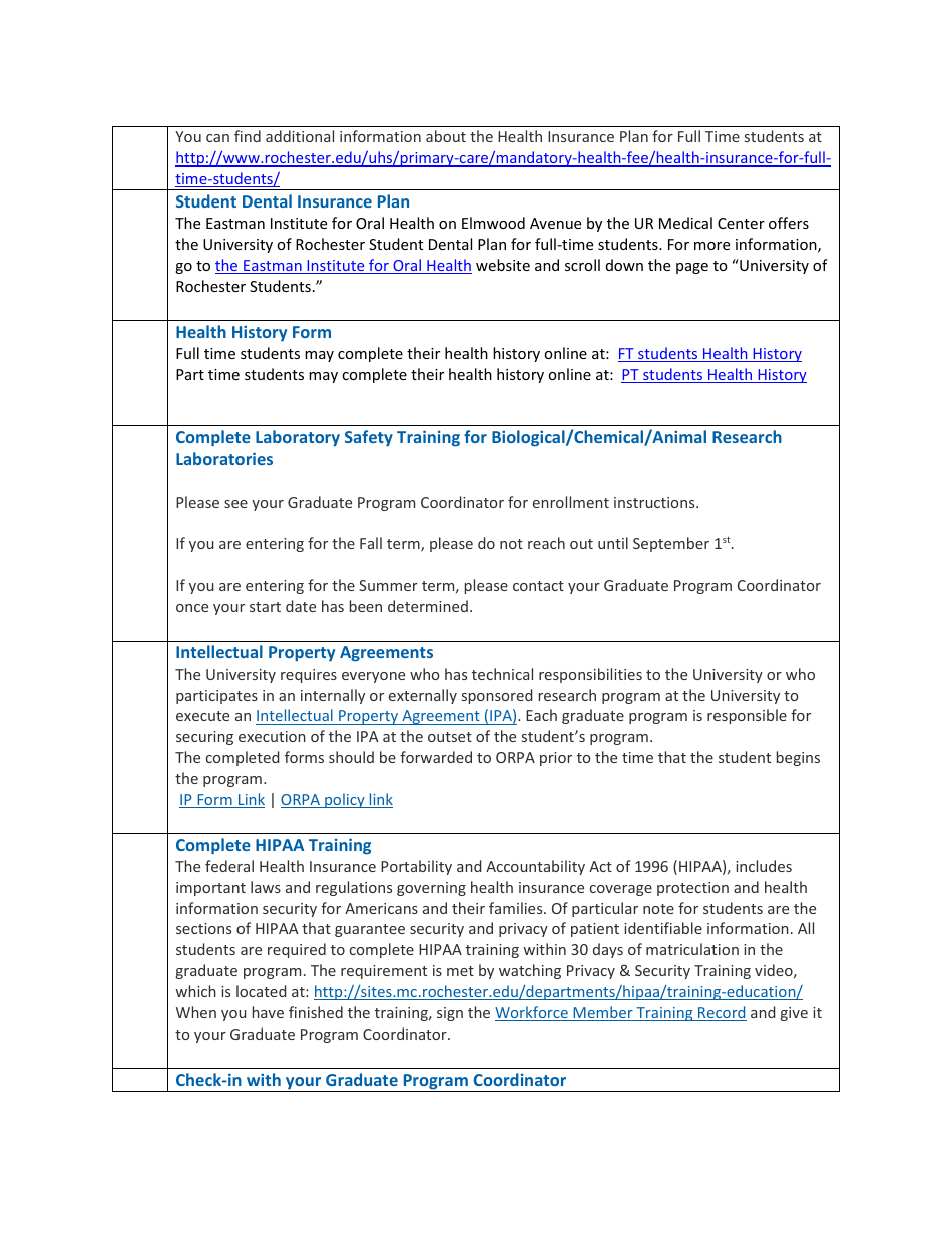 New Graduate Student Checklist - University of Rochester - New York, Page 3