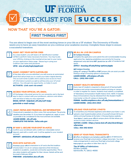 Freshman Admitted Checklist image preview for University of Florida