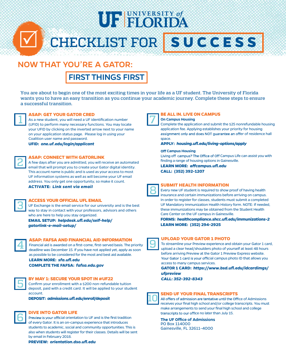 Freshman Admitted Checklist image preview for University of Florida