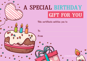 Document preview: Birthday Gift Certificate Template - Pink